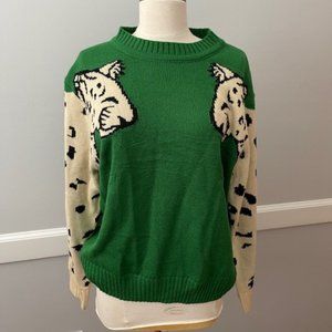 Green Sweater with Leopard Detailed Arms